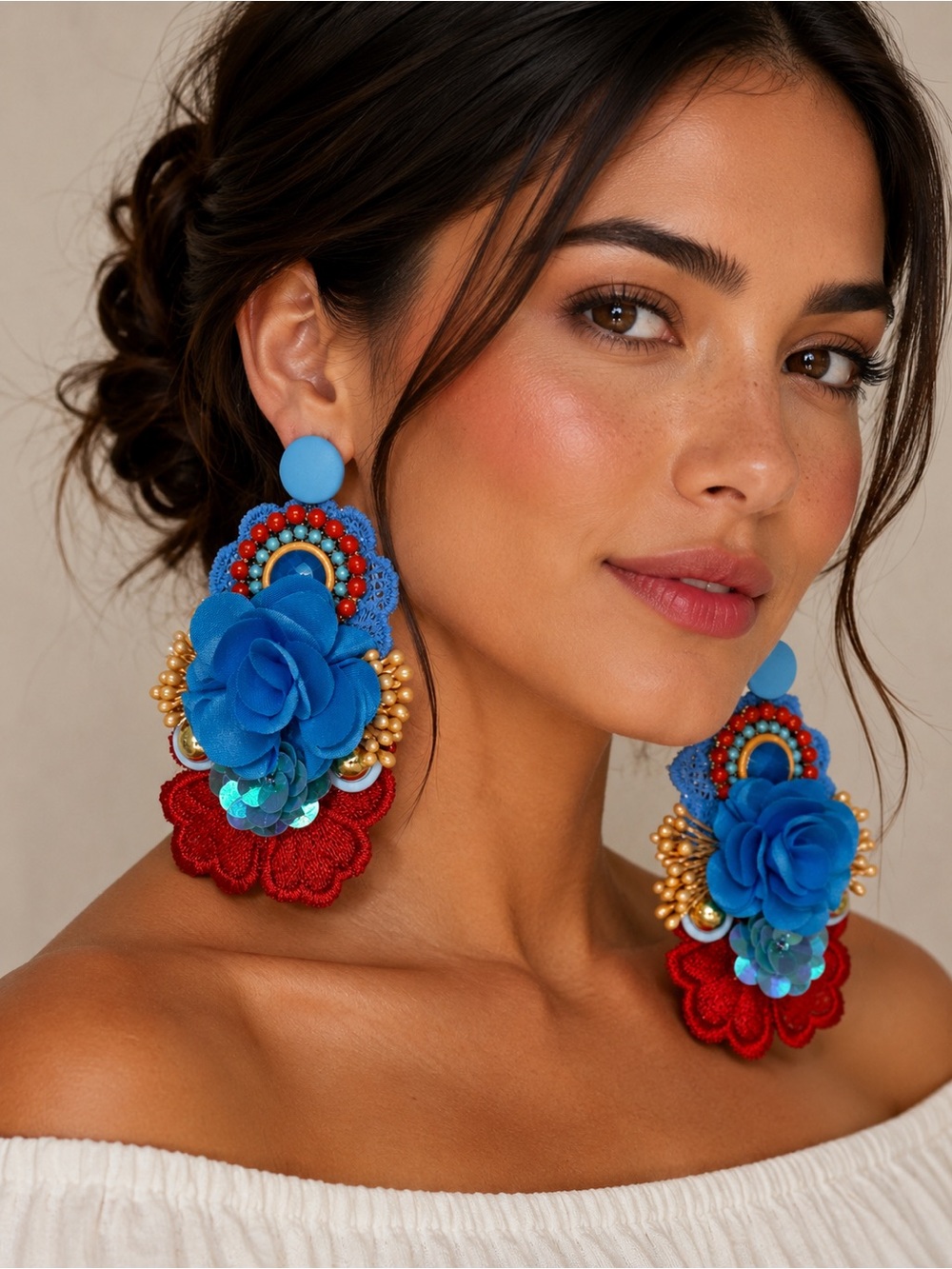 Bold Blue & Red Floral Statement Earrings - Women Jewelry handmade